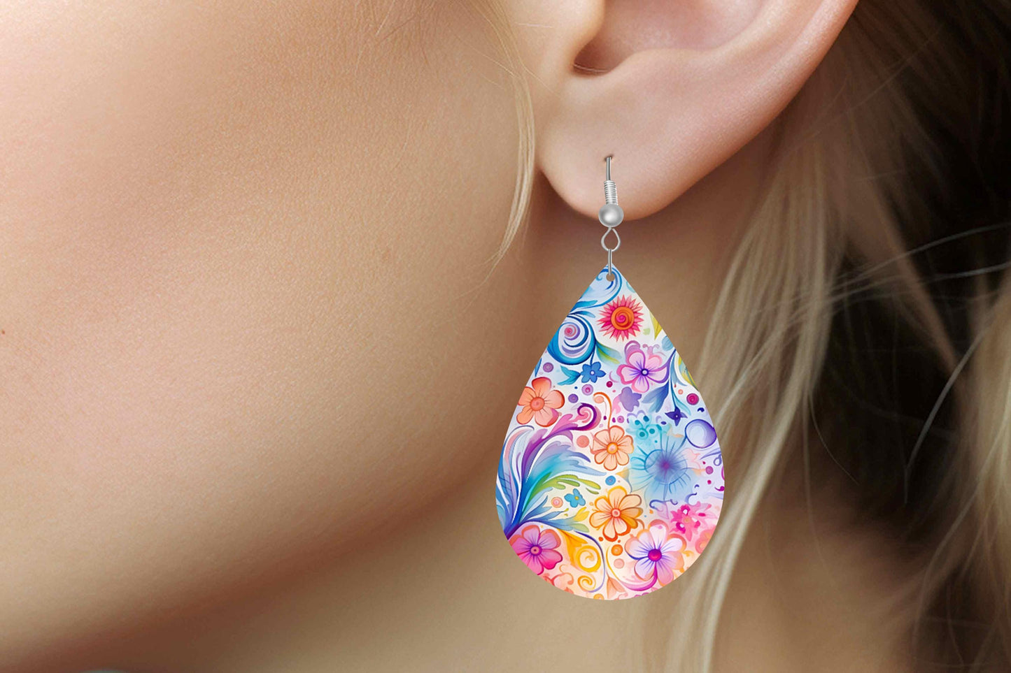 New Release Pretty Floral Print Earrings Tear Drop Wood Dangle Earrings Hypoallergenic Jewelry