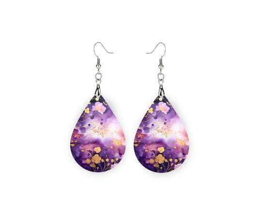 New Release Purple and Gold Floral Print Earrings Tear Drop Wood Dangle Earrings Hypoallergenic Jewelry