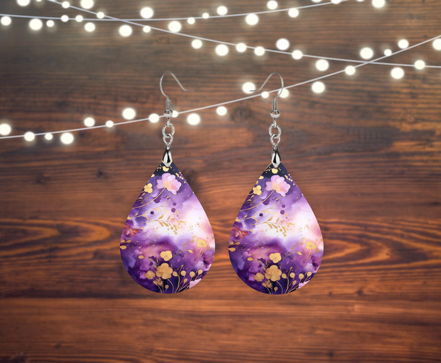 New Release Purple and Gold Floral Print Earrings Tear Drop Wood Dangle Earrings Hypoallergenic Jewelry