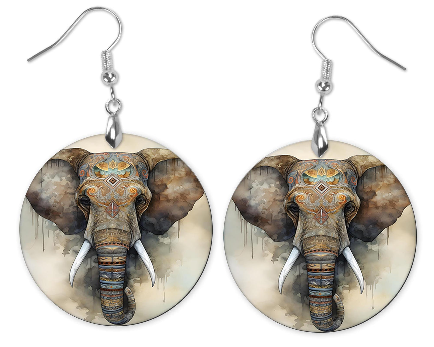 New Release, Tribal Elephant Round Printed Wood Earrings Handmade Jewelry