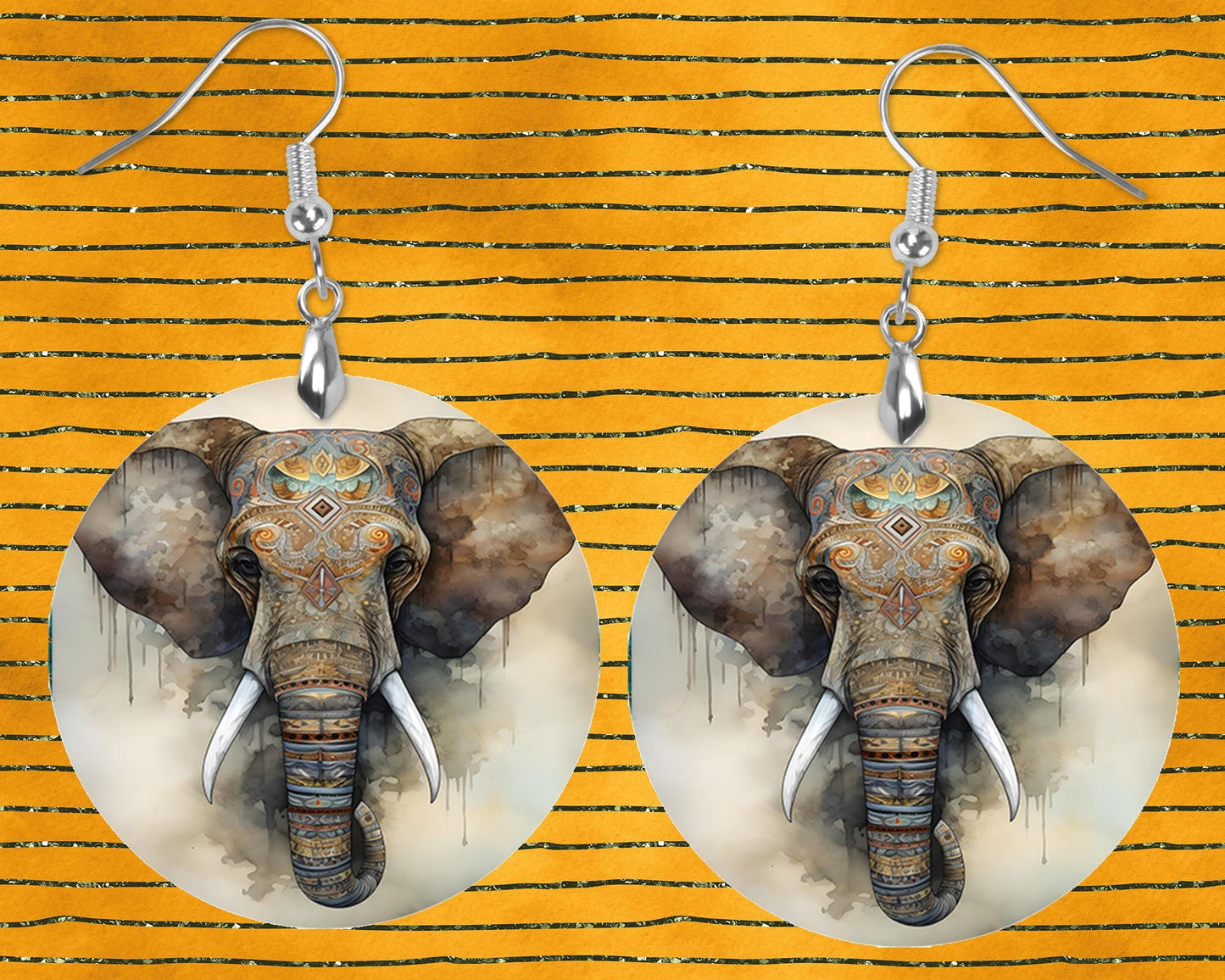 New Release, Tribal Elephant Round Printed Wood Earrings Handmade Jewelry