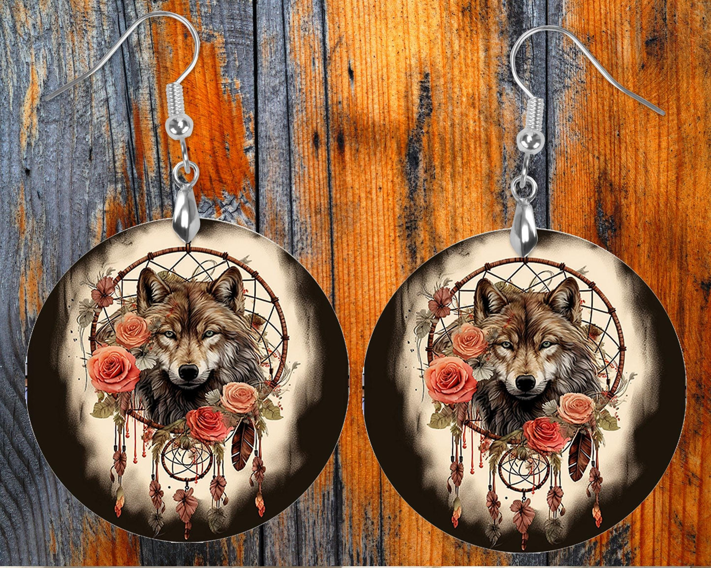 New Release, Wolf Dream Catcher Round Printed Wood Earrings Handmade Jewelry