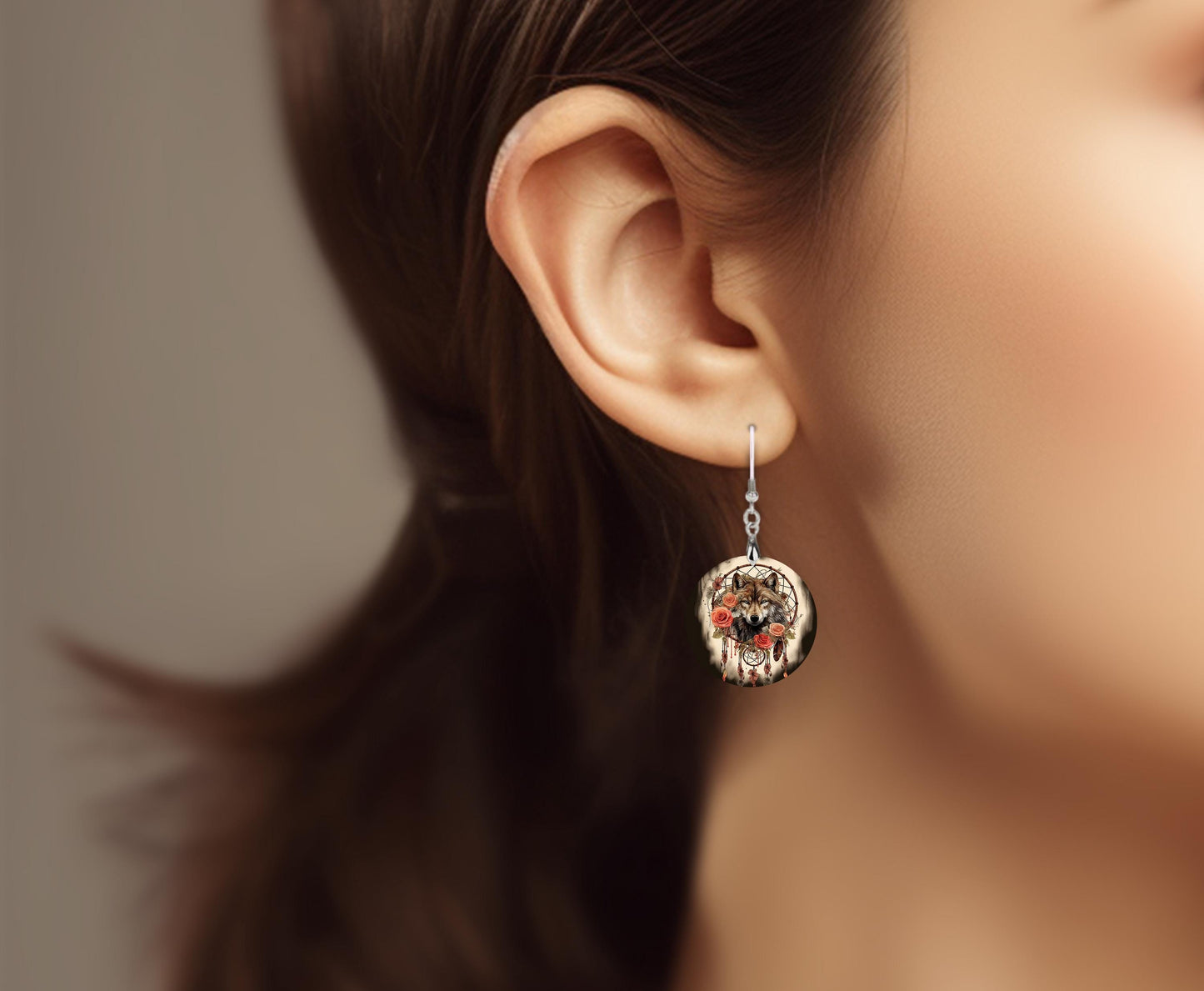 New Release, Wolf Dream Catcher Round Printed Wood Earrings Handmade Jewelry