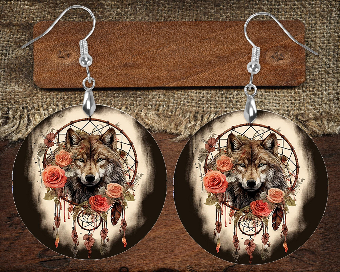 New Release, Wolf Dream Catcher Round Printed Wood Earrings Handmade Jewelry