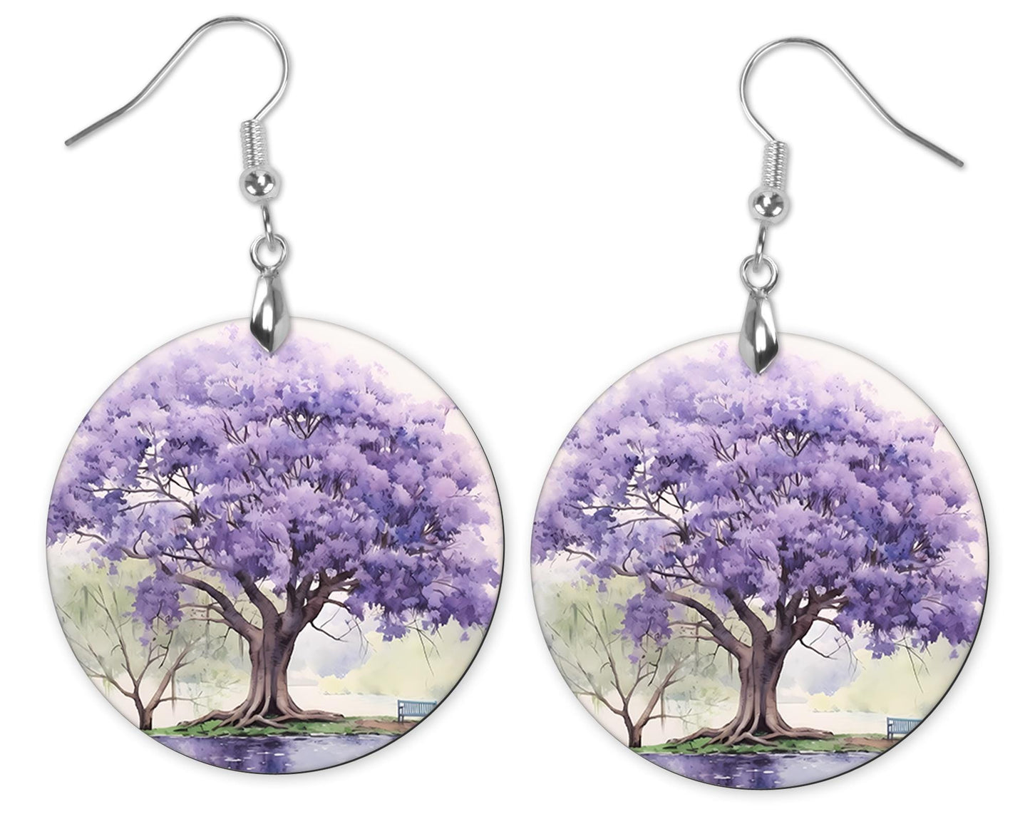 Watercolor Purple Tree Round Printed Wood Earrings Handmade Jewelry