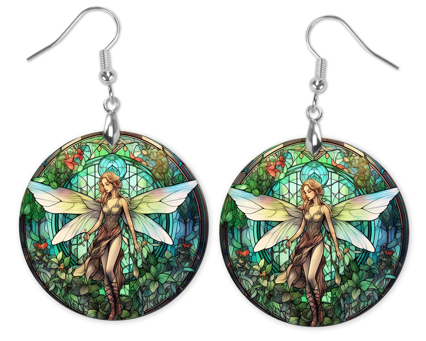 New Release, Stain Glass Fairy Round Printed Wood Earrings Handmade Jewelry