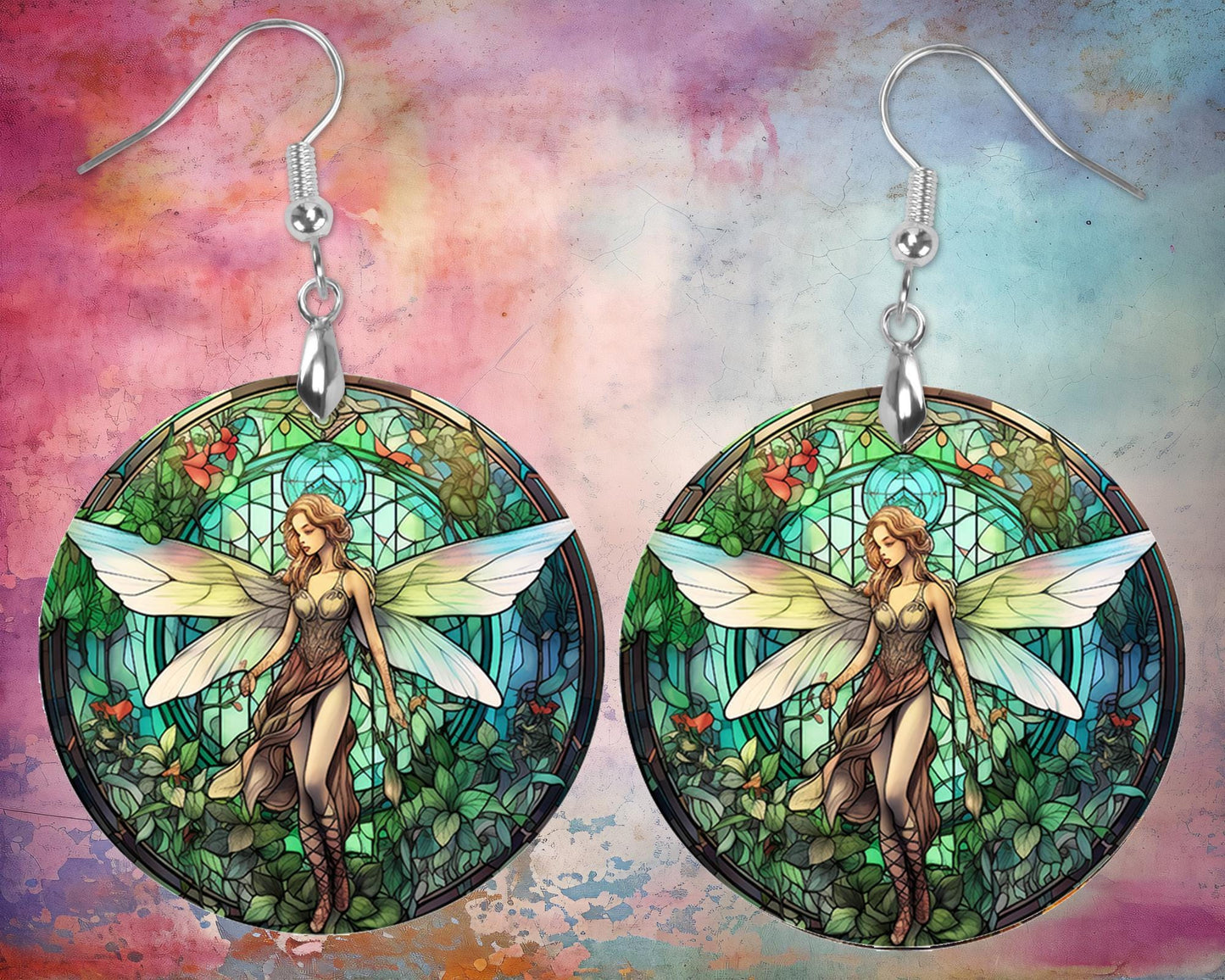 New Release, Stain Glass Fairy Round Printed Wood Earrings Handmade Jewelry