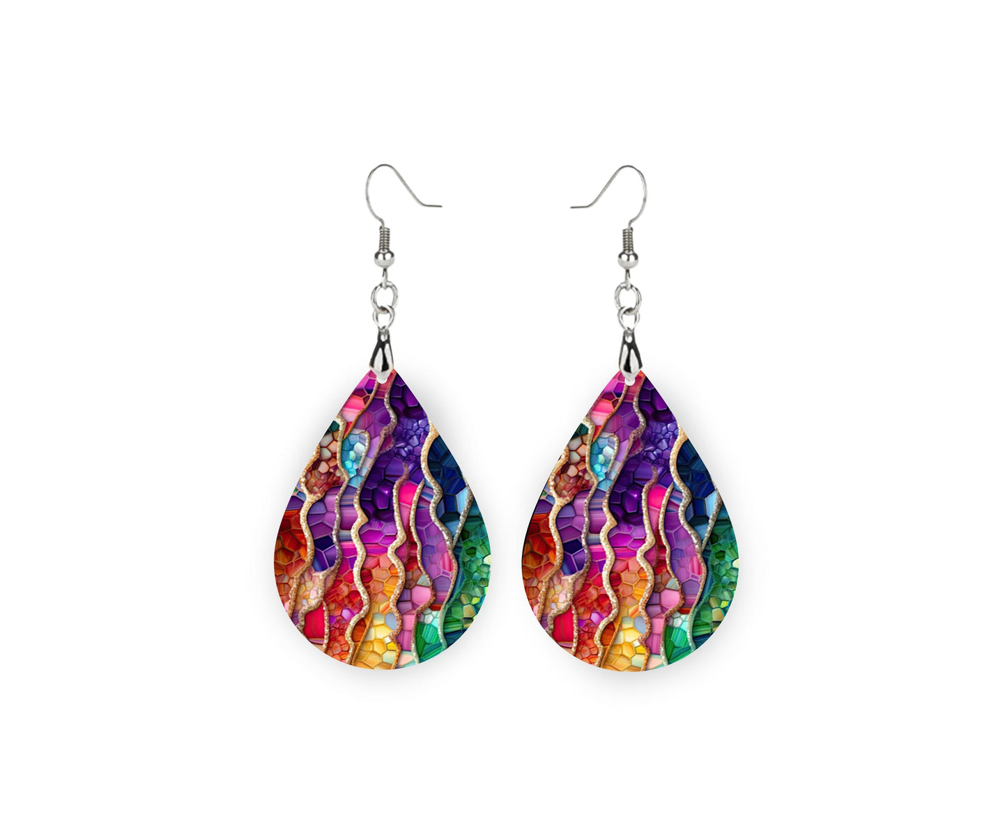 New Release Rainbow Agate Stripes Print Earrings Tear Drop Wood Dangle Earrings Hypoallergenic Jewelry