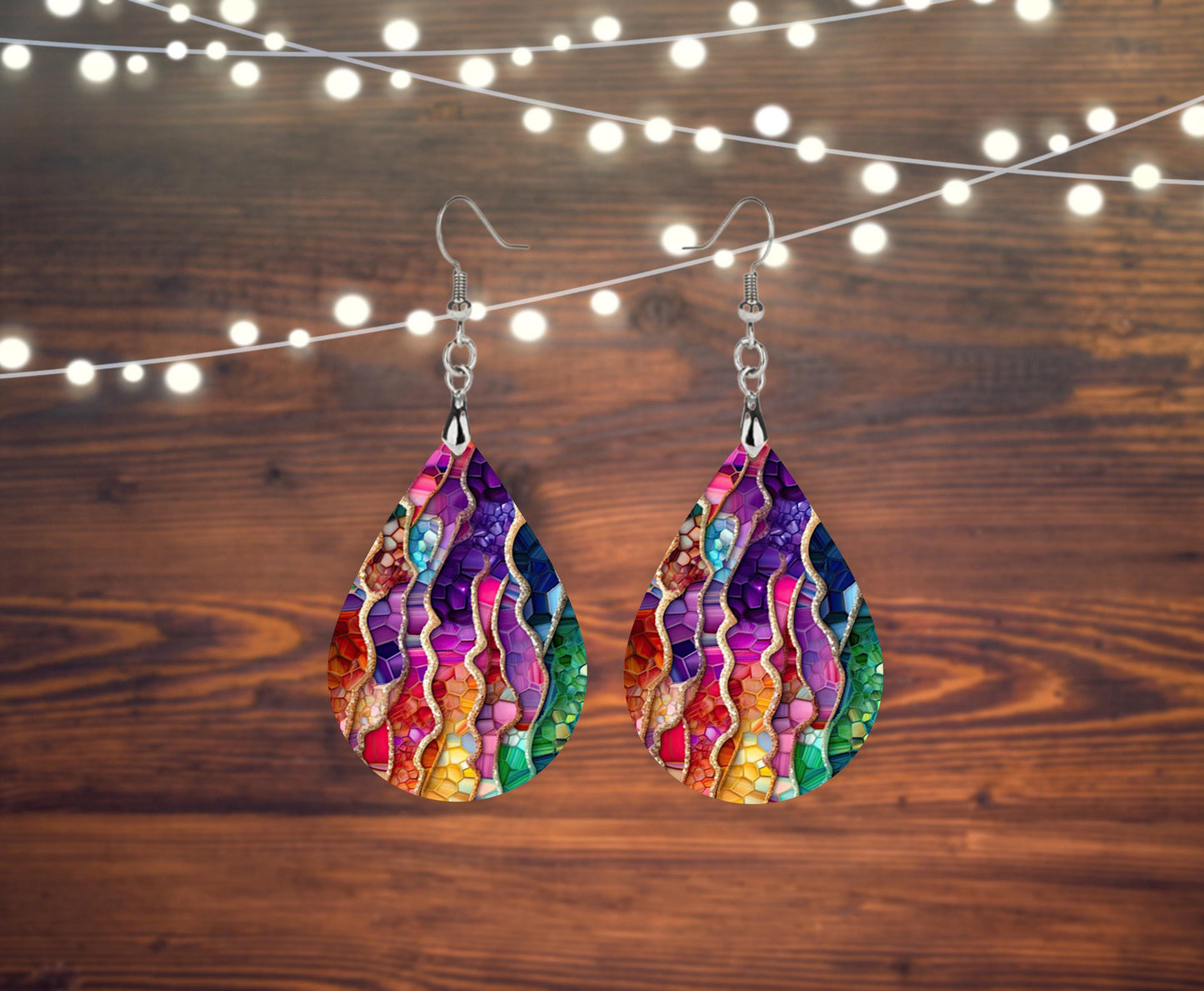 New Release Rainbow Agate Stripes Print Earrings Tear Drop Wood Dangle Earrings Hypoallergenic Jewelry