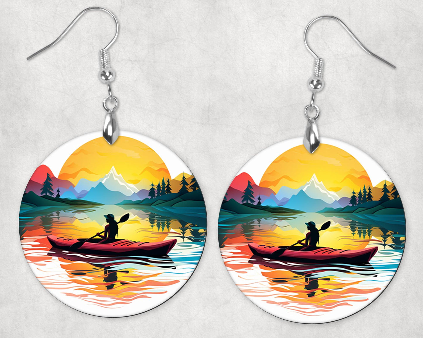 Sunset Kayak Round Wood Dangle Earrings Hypoallergenic Jewelry