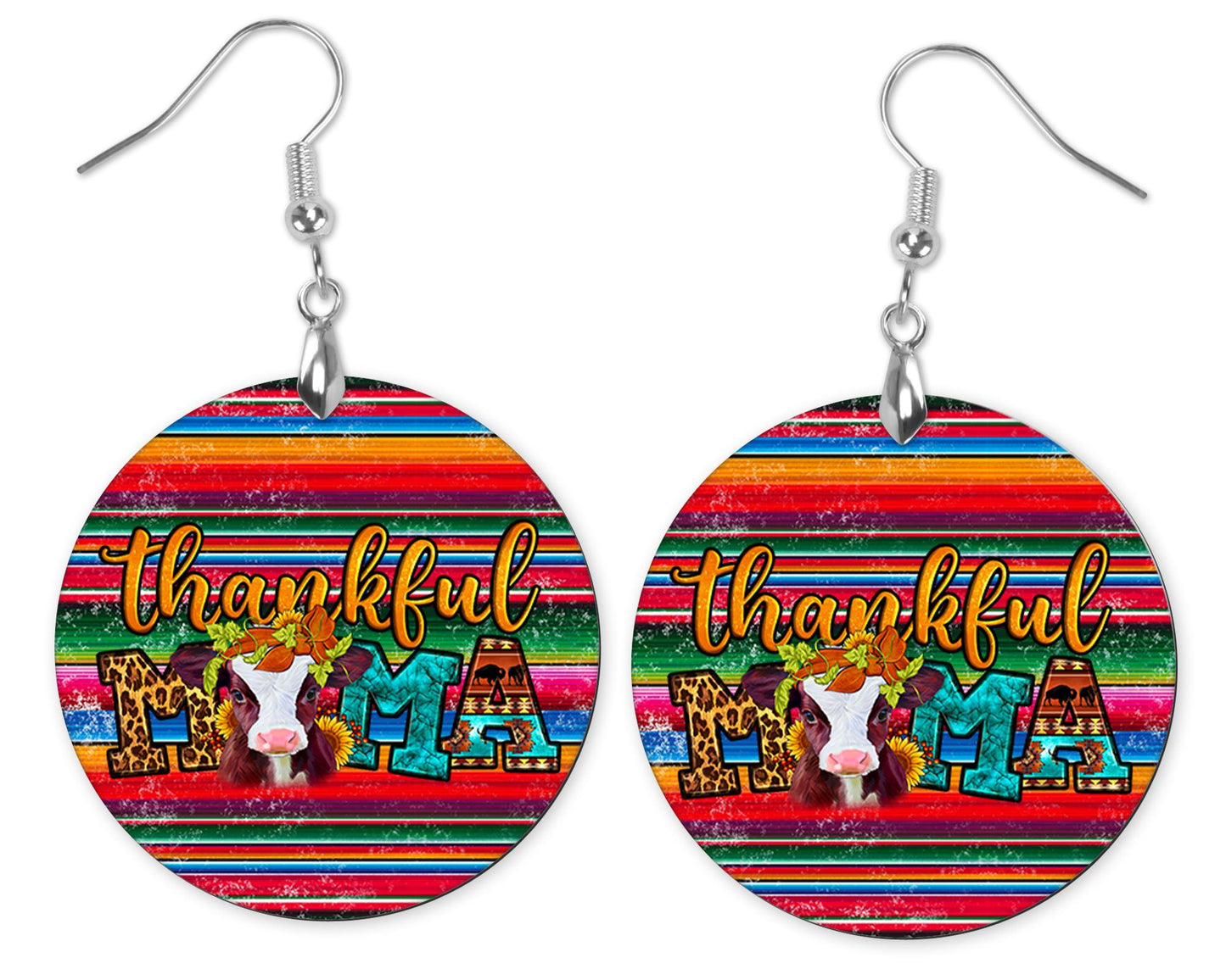 Thankful Mama Serape Round Wood Dangle Earrings Hypoallergenic Jewelry