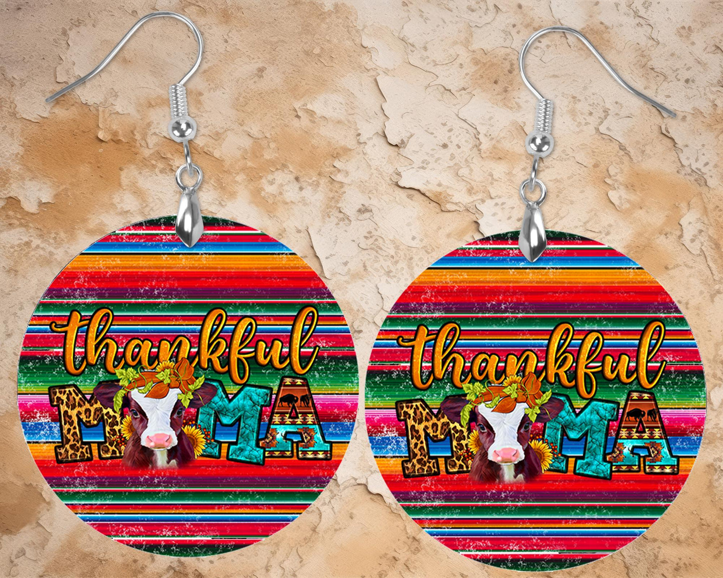 Thankful Mama Serape Round Wood Dangle Earrings Hypoallergenic Jewelry