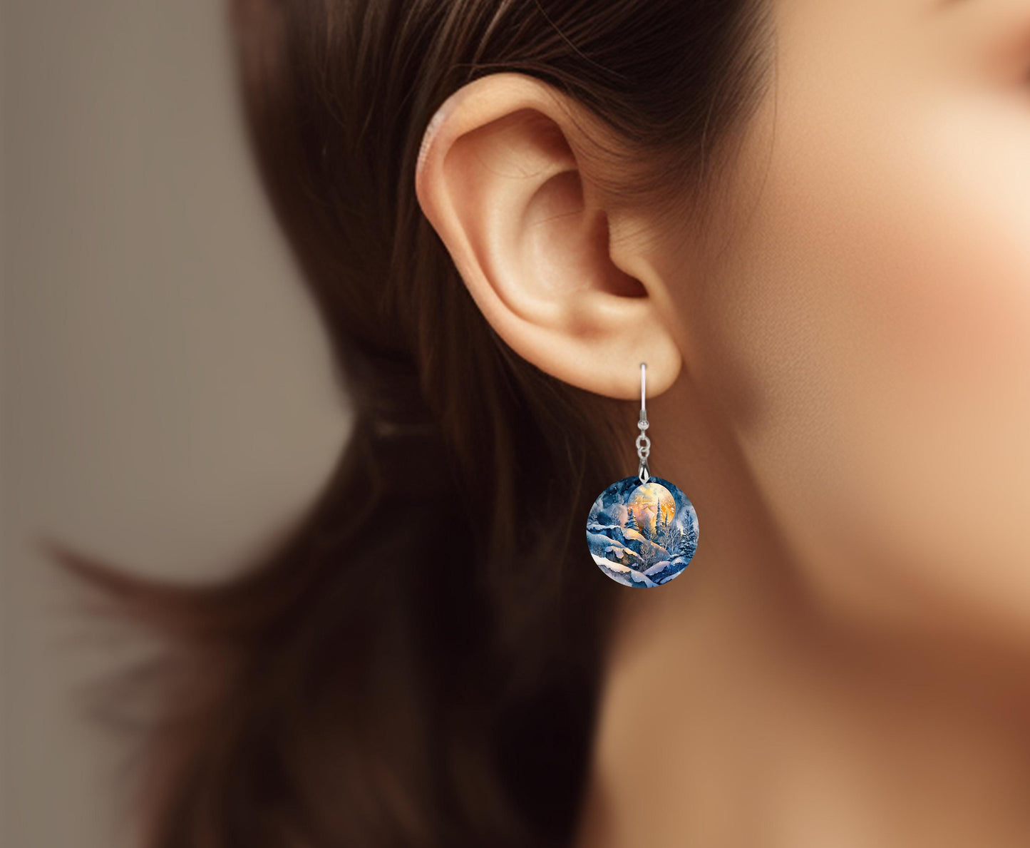 Winter Moon Round Wood Dangle Earrings Hypoallergenic Jewelry