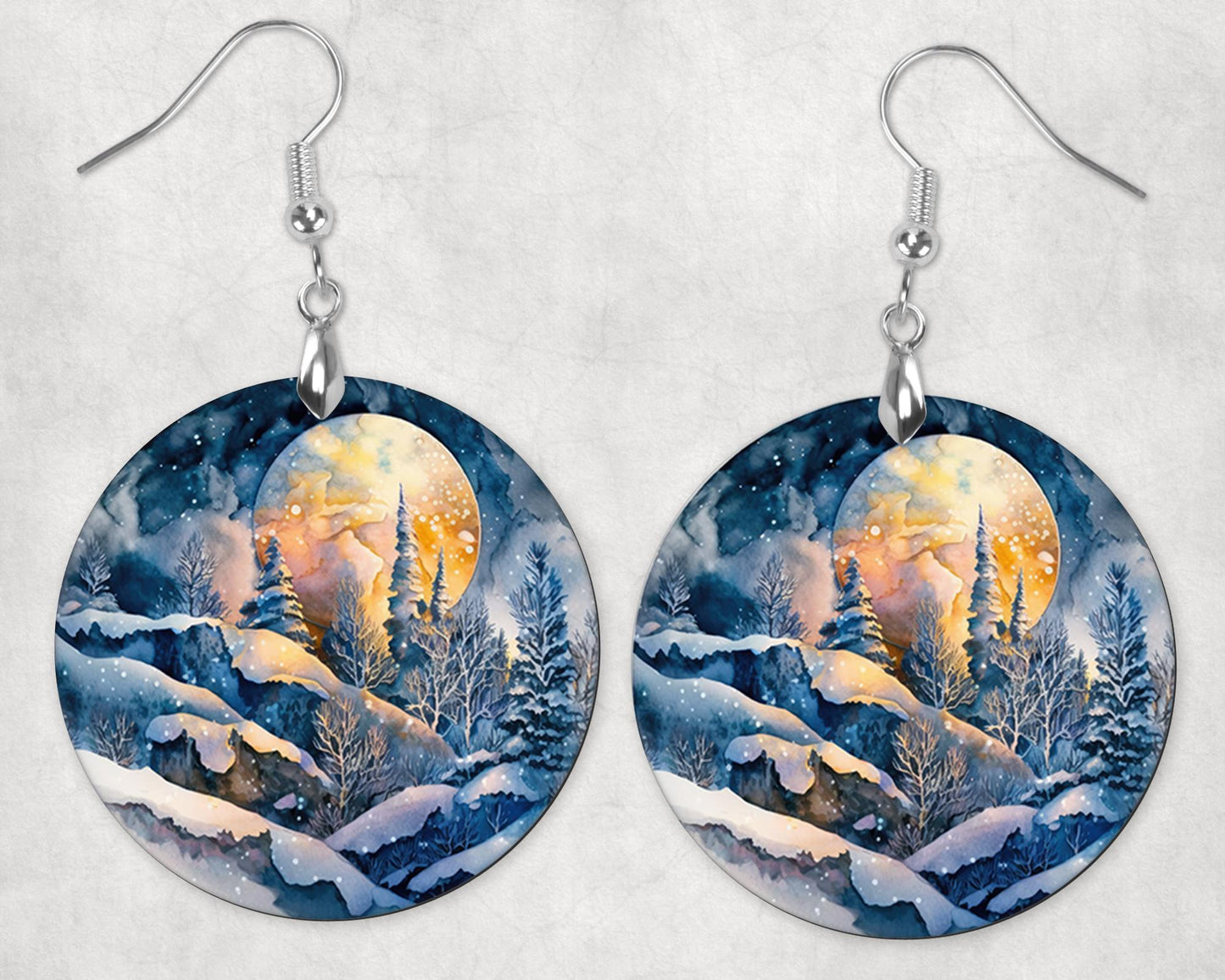 Winter Moon Round Wood Dangle Earrings Hypoallergenic Jewelry