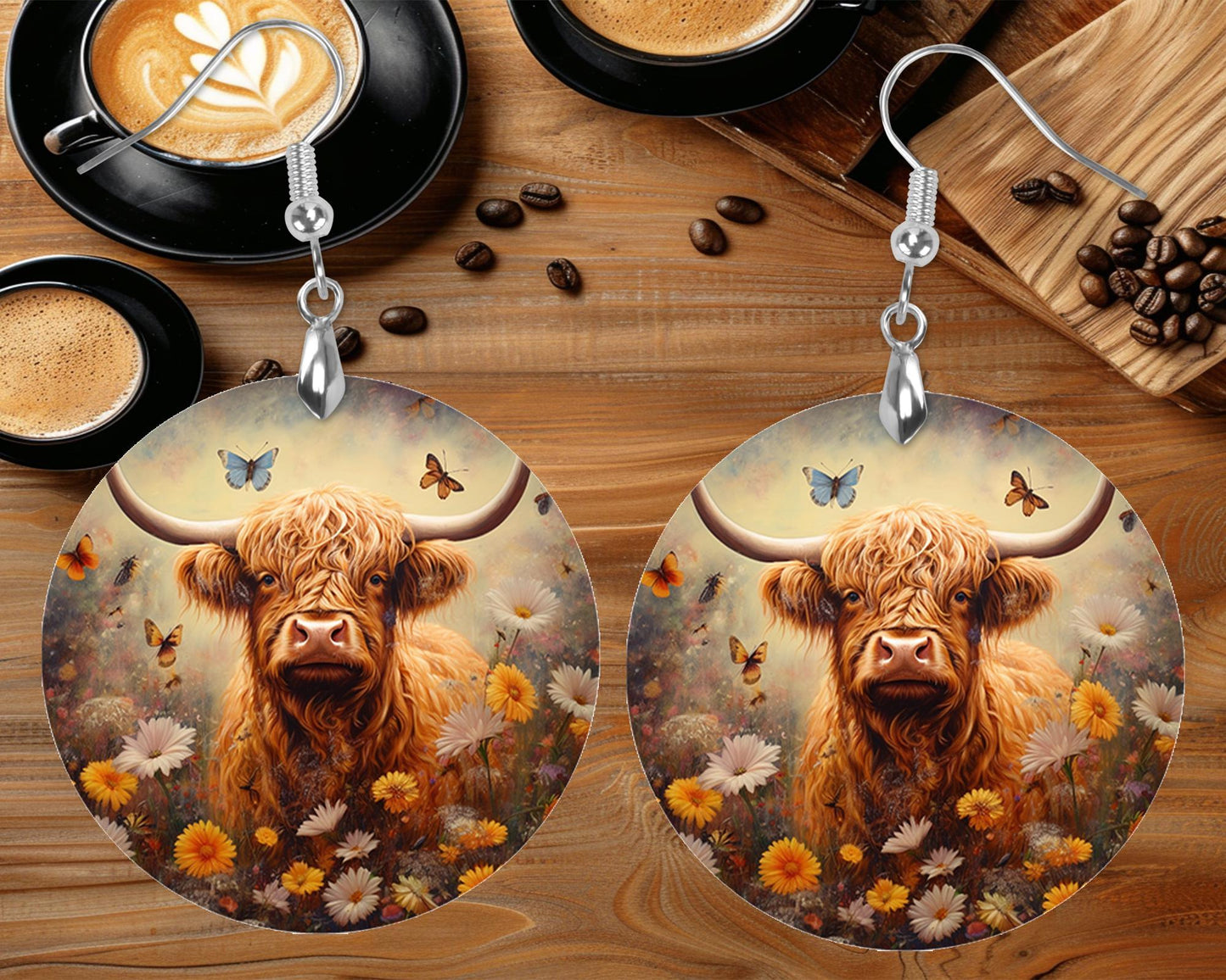 Yellow and White Floral Highland Cow Round Wood Dangle Earrings Hypoallergenic Jewelry