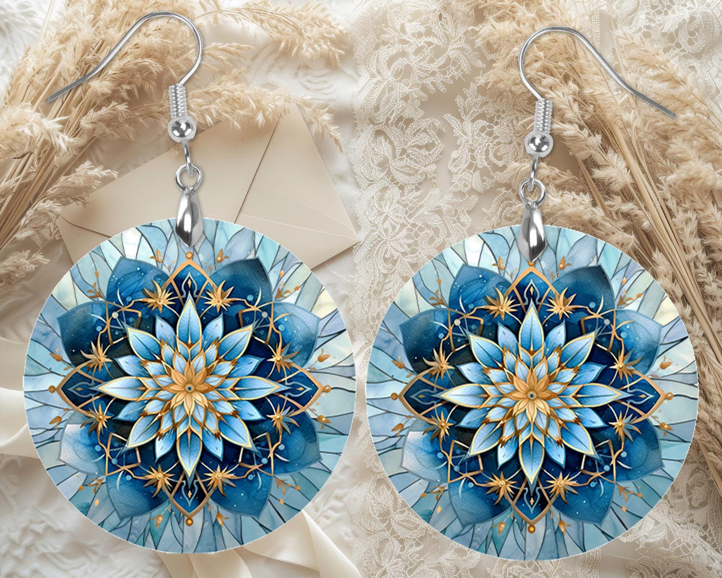 Blue Flower Mandala Round Wood Dangle Earrings Hypoallergenic Jewelry