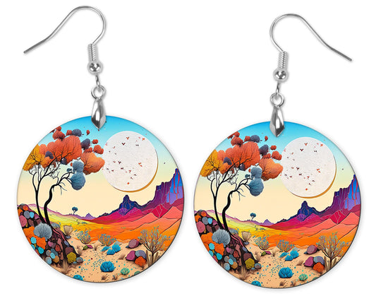 Desert in Color Round Wood Dangle Earrings Hypoallergenic Jewelry