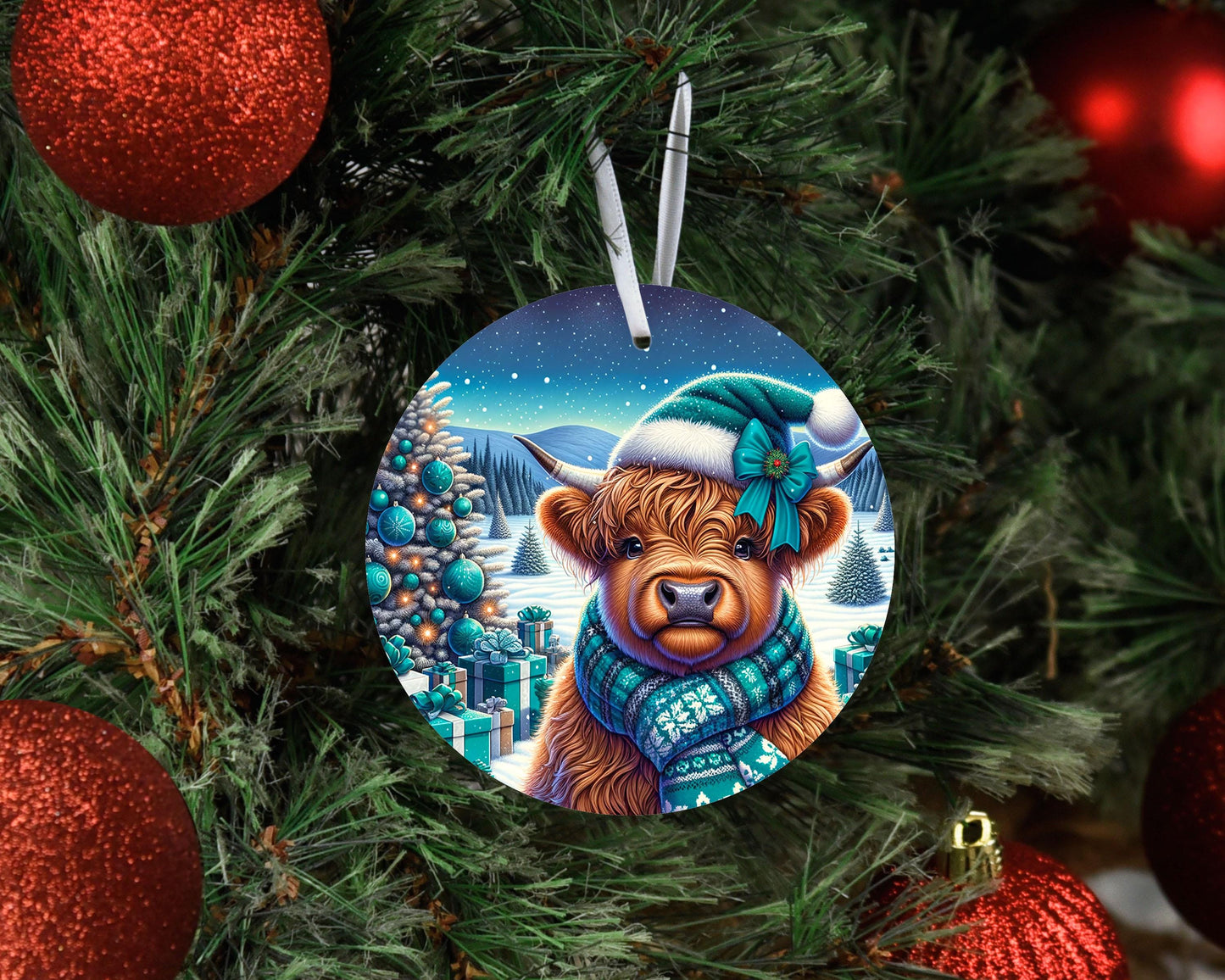 New Release,  Teal Winter Highland Cow Christmas Ornament, Ceramic Christmas Ornament, Christmas Decorations