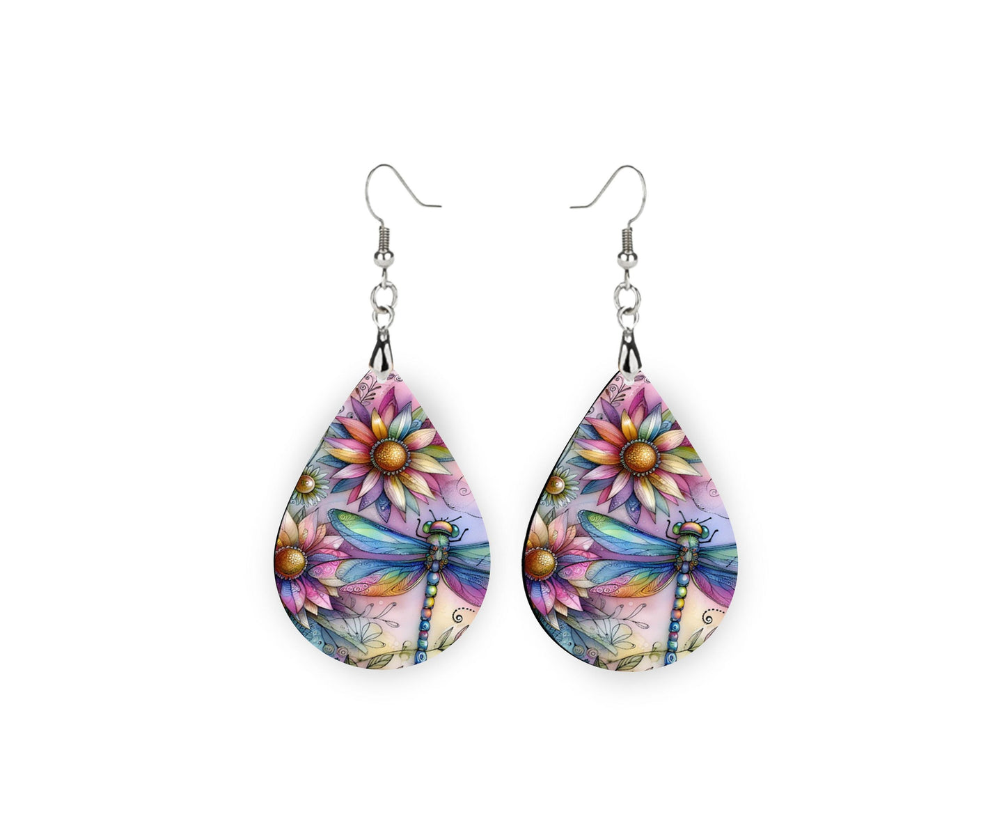 Colorful Dragonfly Print Earrings Tear Drop Wood Dangle Earrings Hypoallergenic Jewelry