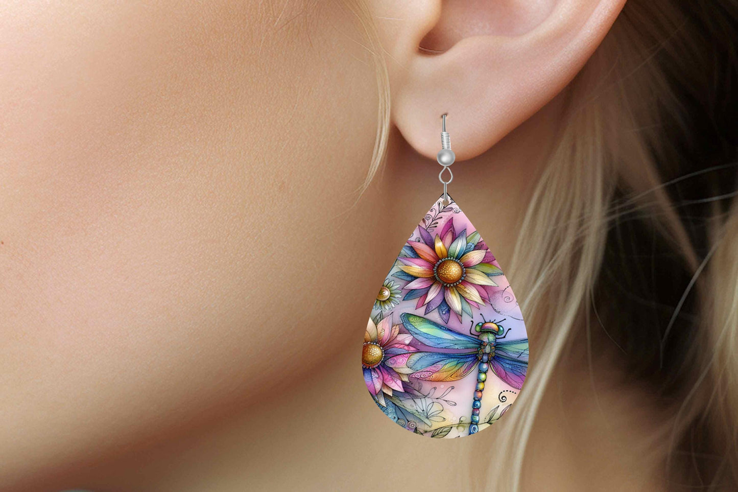 Colorful Dragonfly Print Earrings Tear Drop Wood Dangle Earrings Hypoallergenic Jewelry