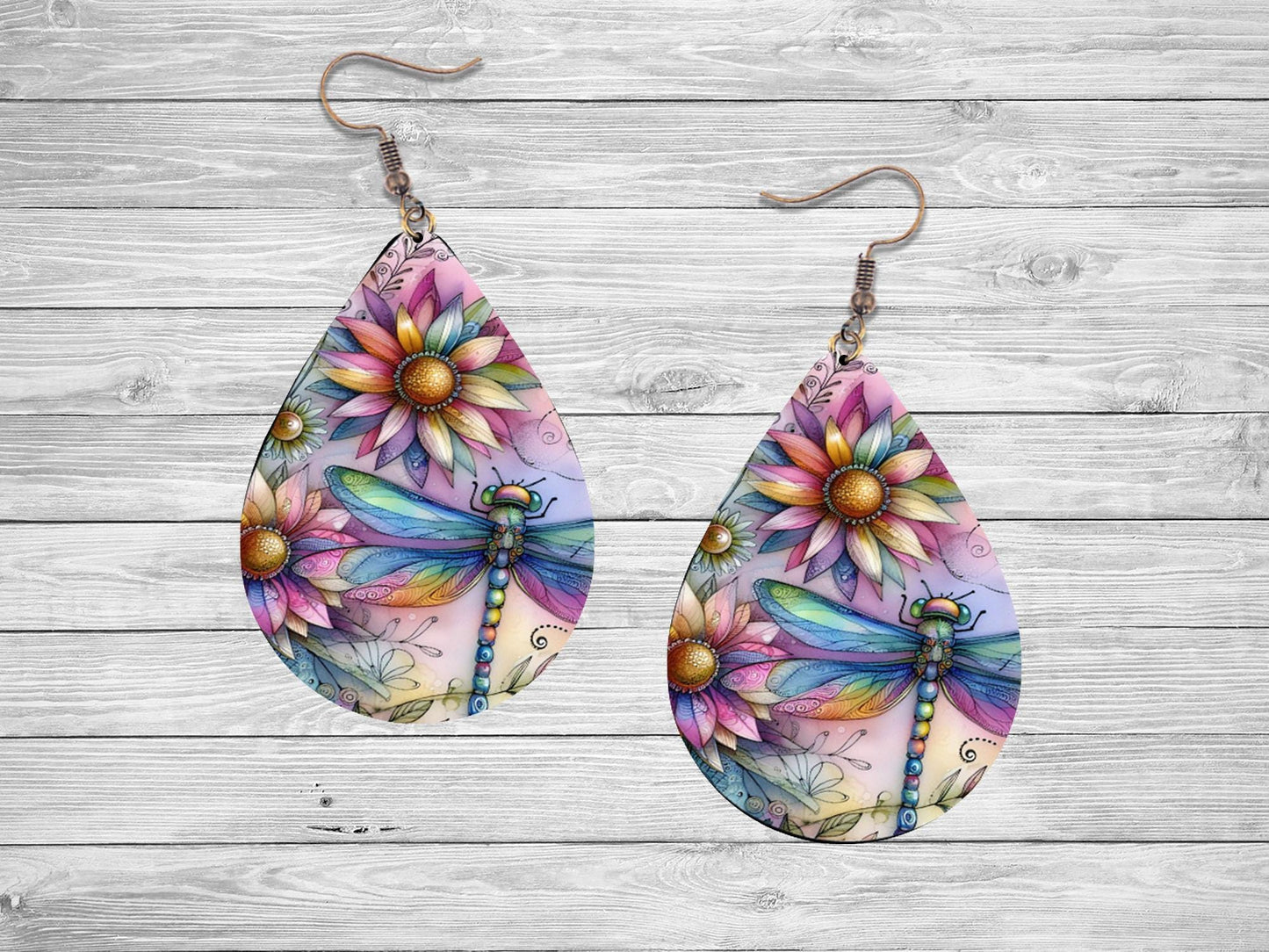 Colorful Dragonfly Print Earrings Tear Drop Wood Dangle Earrings Hypoallergenic Jewelry