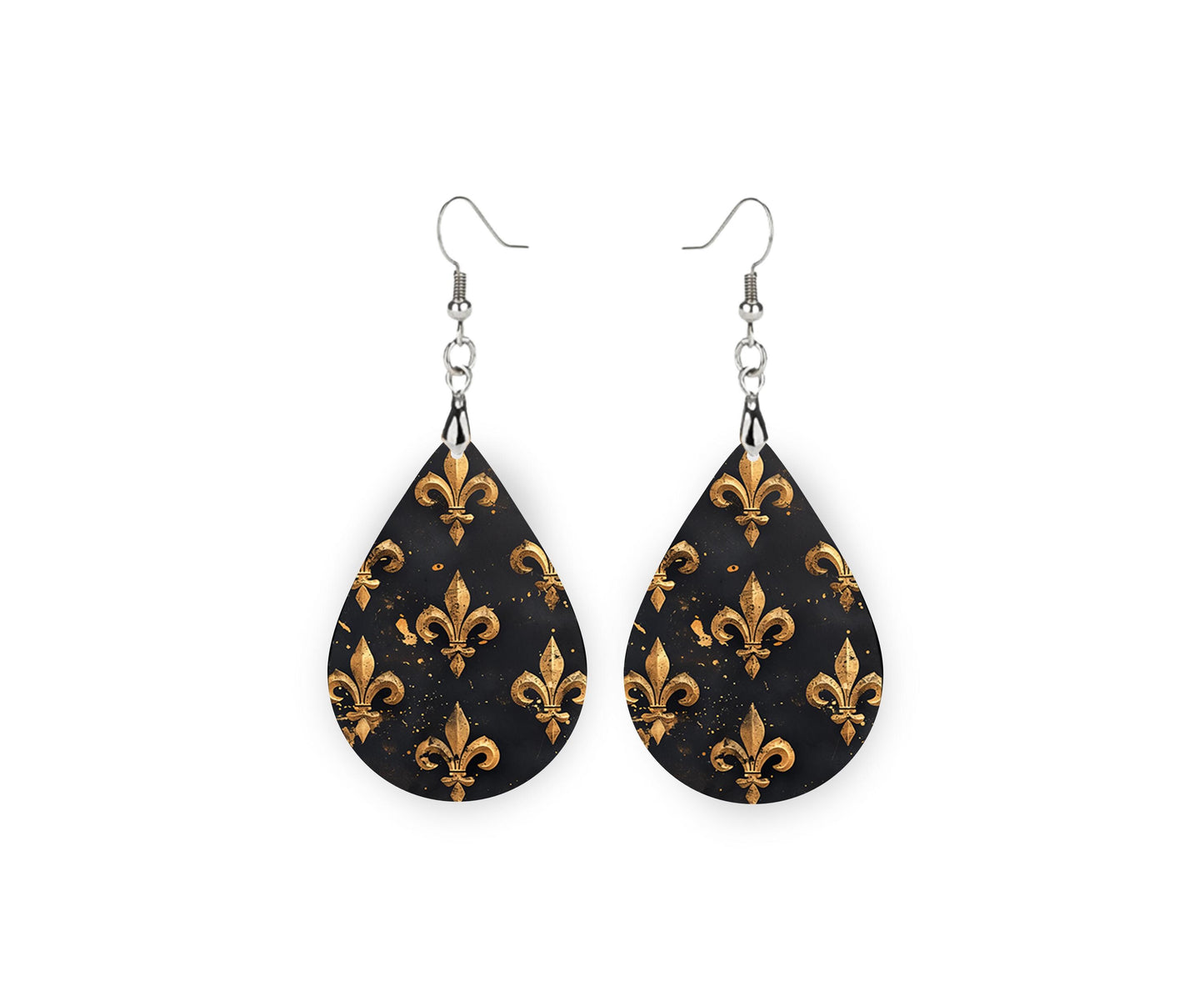 New Release Black and Gold Fleur de Lis Print Earrings Tear Drop Wood Dangle Earrings Hypoallergenic Jewelry