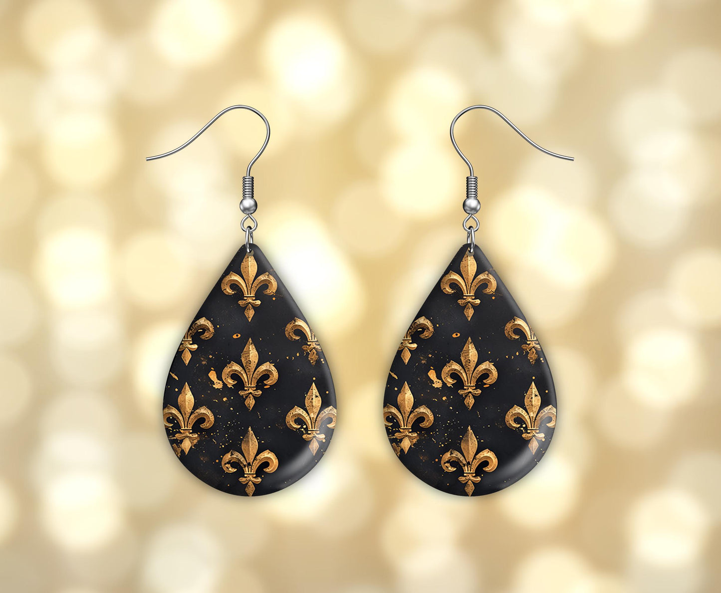 New Release Black and Gold Fleur de Lis Print Earrings Tear Drop Wood Dangle Earrings Hypoallergenic Jewelry