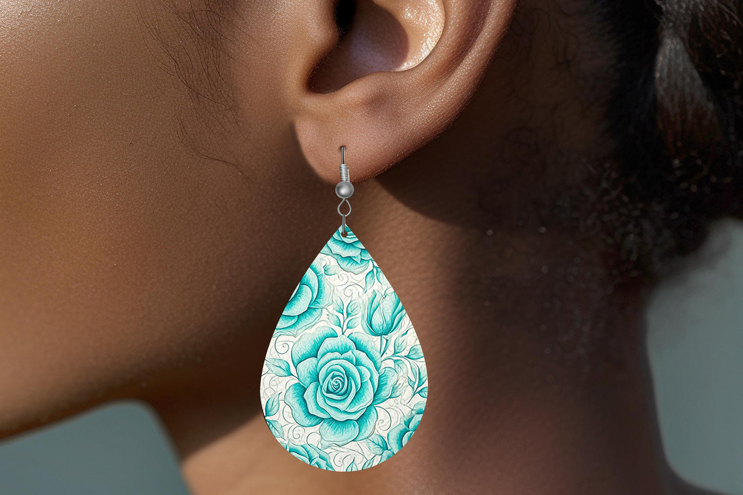 New Release Aqua Blue Roses Print Earrings Tear Drop Wood Dangle Earrings Hypoallergenic Jewelry