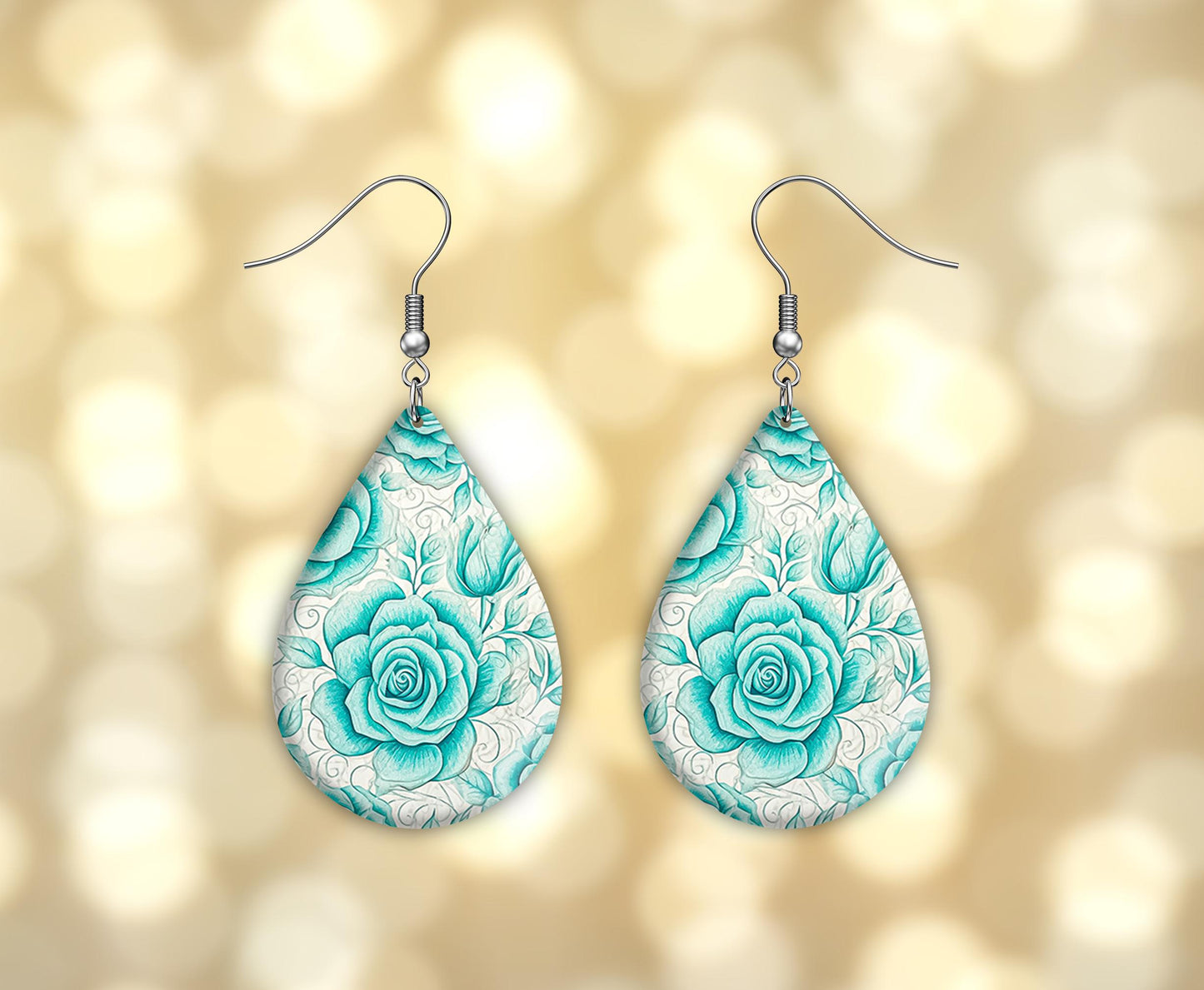 New Release Aqua Blue Roses Print Earrings Tear Drop Wood Dangle Earrings Hypoallergenic Jewelry