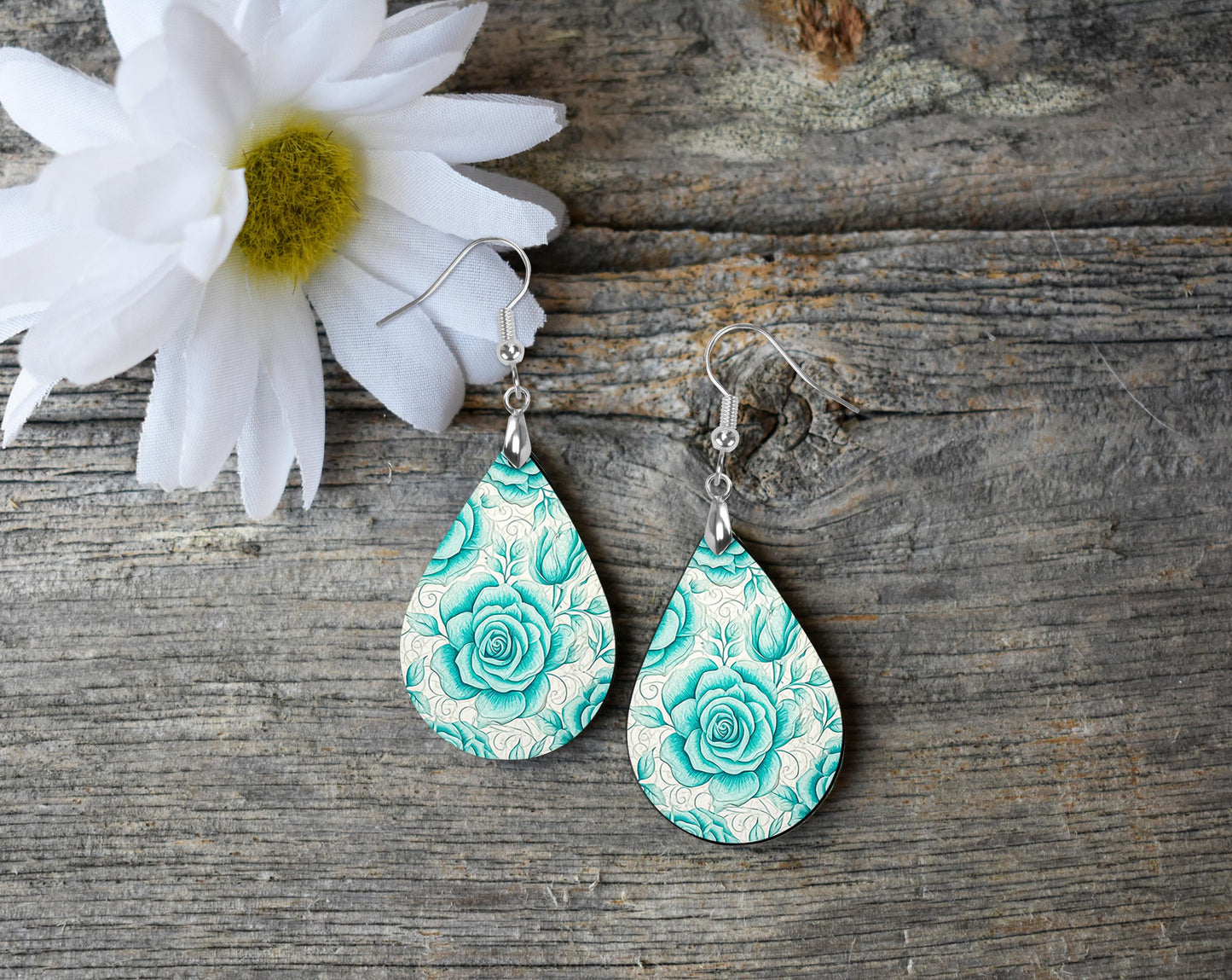 New Release Aqua Blue Roses Print Earrings Tear Drop Wood Dangle Earrings Hypoallergenic Jewelry