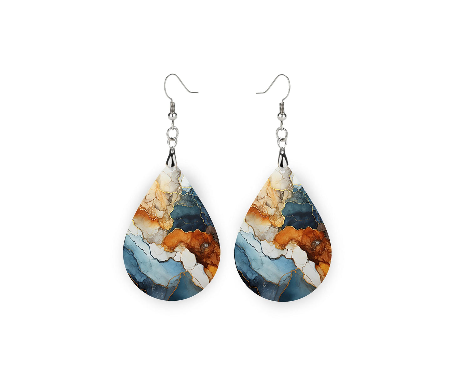 New Release Blue and Copper Agate Print Earrings Tear Drop Wood Dangle Earrings Hypoallergenic Jewelry