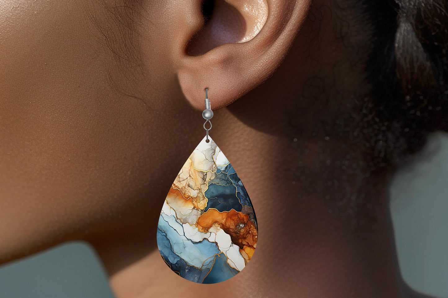 New Release Blue and Copper Agate Print Earrings Tear Drop Wood Dangle Earrings Hypoallergenic Jewelry