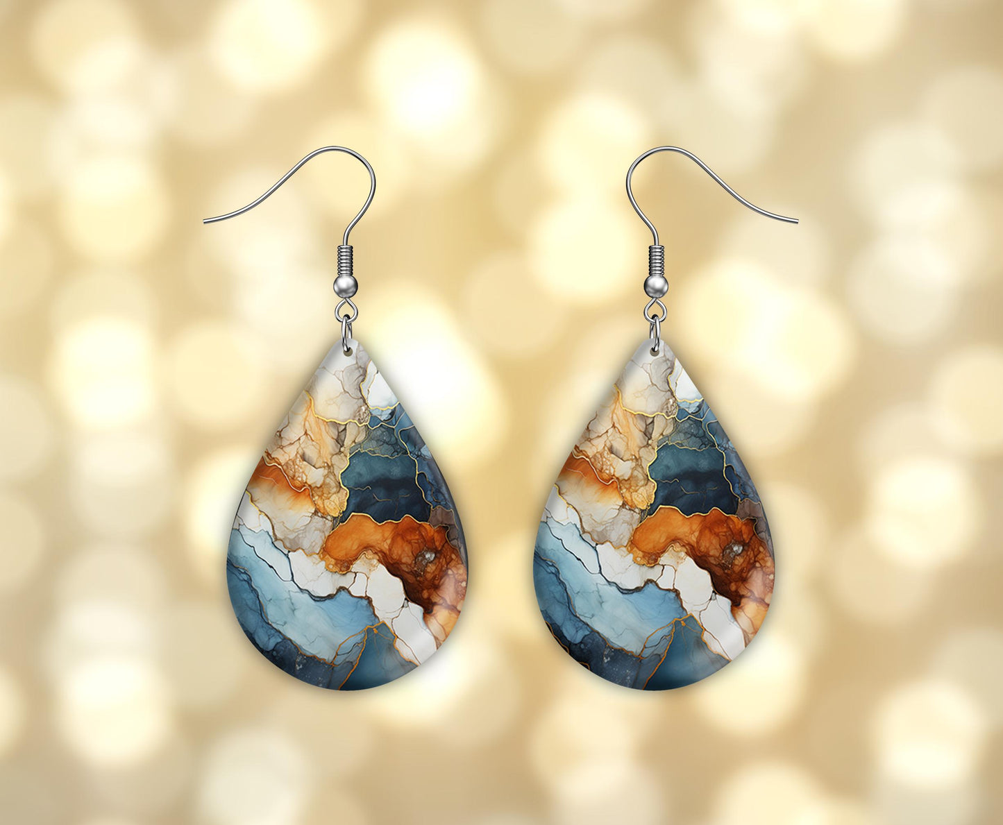 New Release Blue and Copper Agate Print Earrings Tear Drop Wood Dangle Earrings Hypoallergenic Jewelry