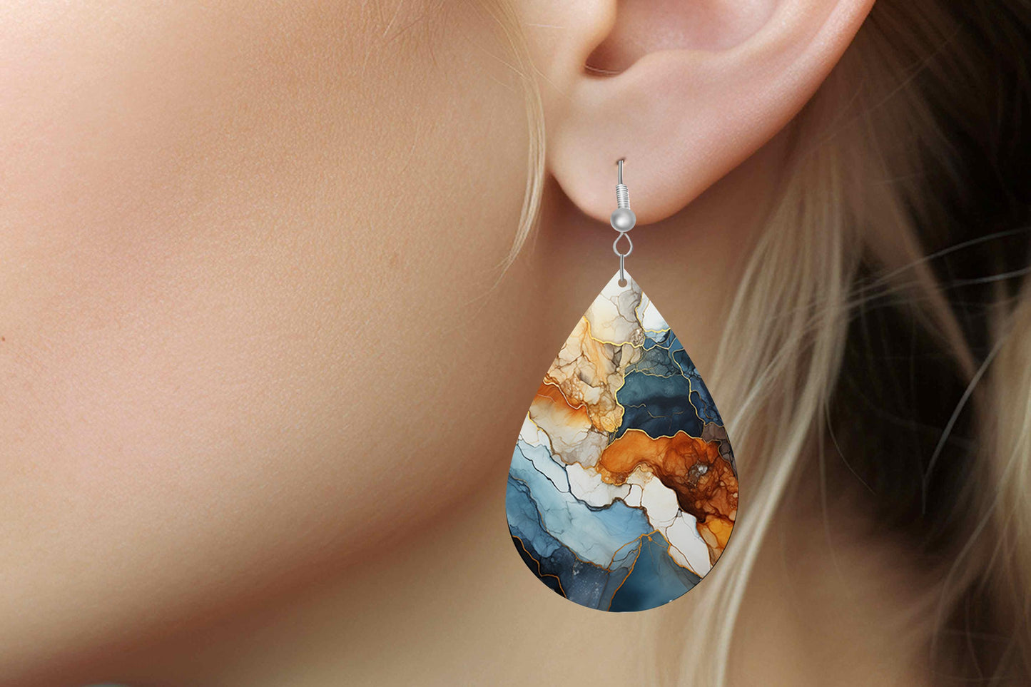 New Release Blue and Copper Agate Print Earrings Tear Drop Wood Dangle Earrings Hypoallergenic Jewelry