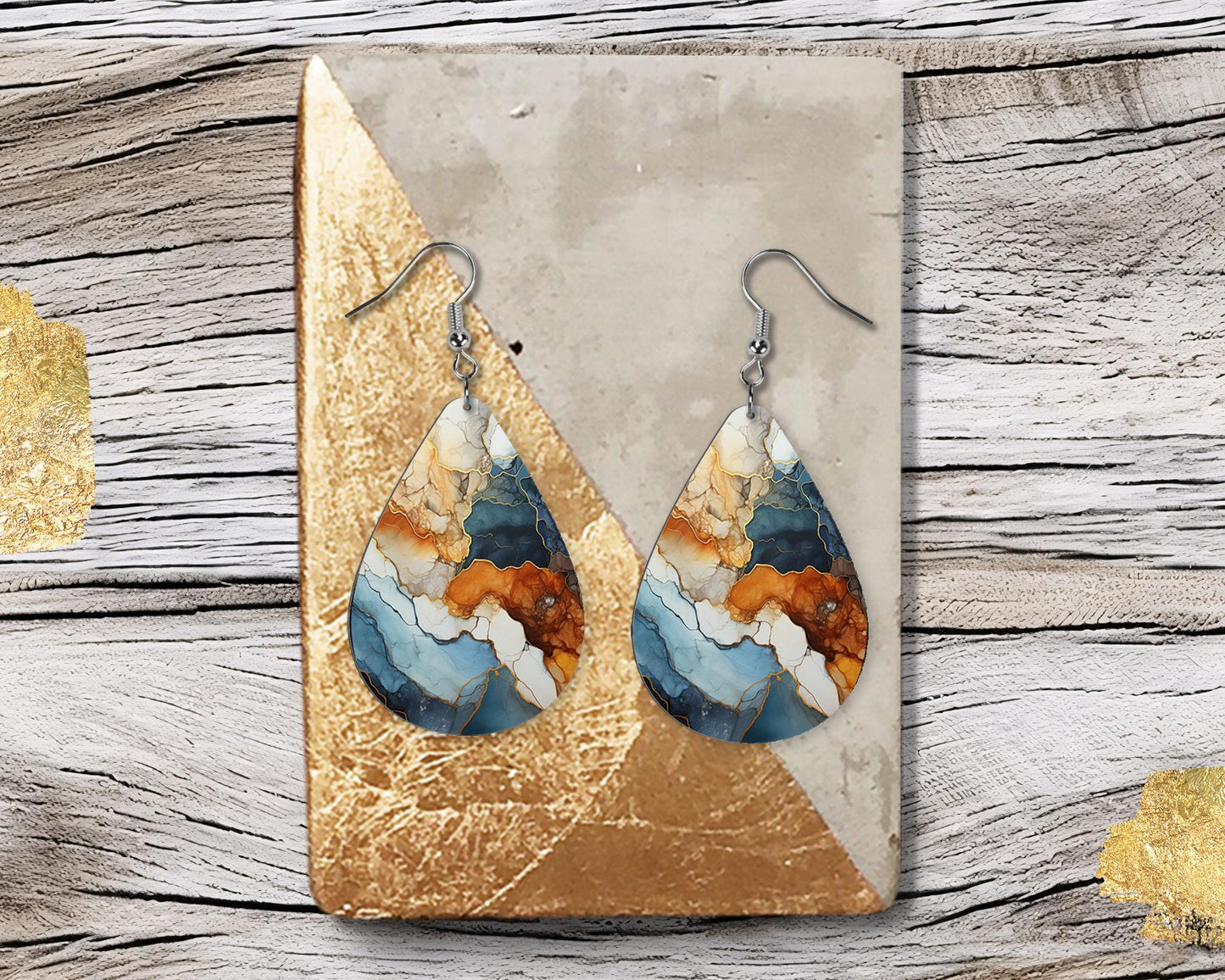 New Release Blue and Copper Agate Print Earrings Tear Drop Wood Dangle Earrings Hypoallergenic Jewelry