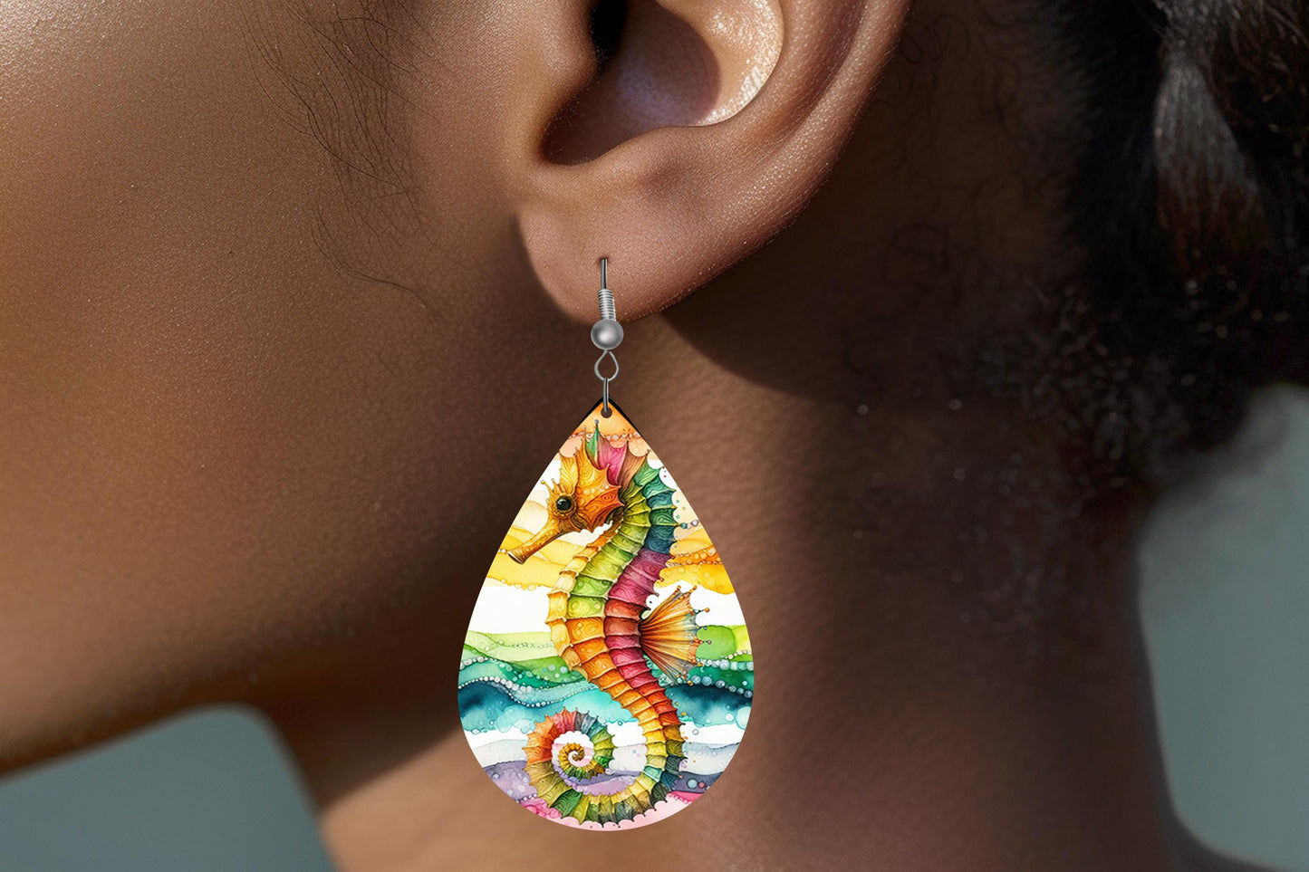 New Release Tropical Seahorse Print Earrings Print Tear Drop Wood Dangle Earrings Hypoallergenic Jewelry