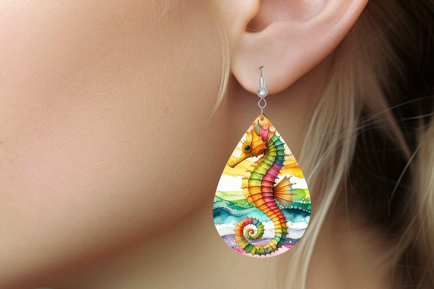 New Release Tropical Seahorse Print Earrings Print Tear Drop Wood Dangle Earrings Hypoallergenic Jewelry