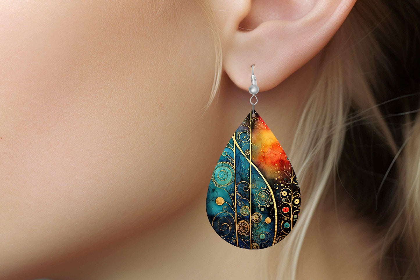 New Release Ethereal Jewel Tone Print Earrings Print Tear Drop Wood Dangle Earrings Hypoallergenic Jewelry