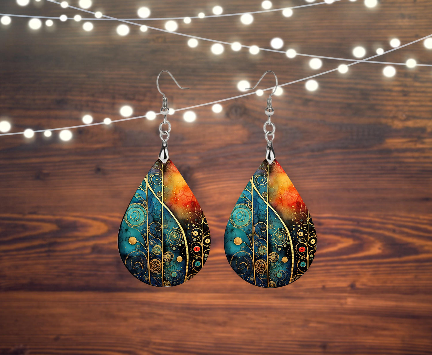 New Release Ethereal Jewel Tone Print Earrings Print Tear Drop Wood Dangle Earrings Hypoallergenic Jewelry