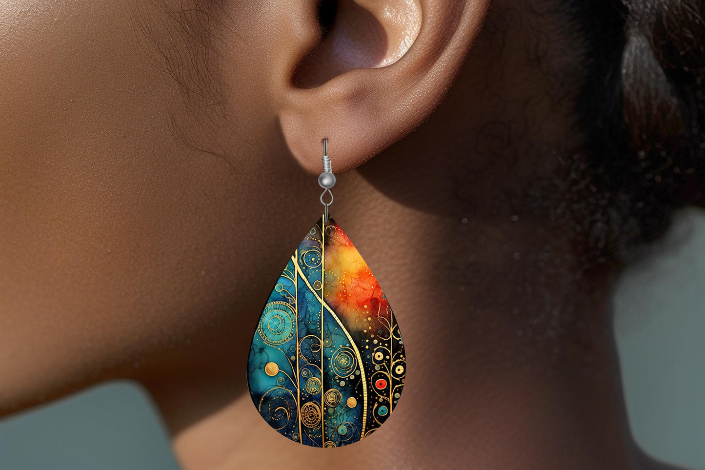 New Release Ethereal Jewel Tone Print Earrings Print Tear Drop Wood Dangle Earrings Hypoallergenic Jewelry