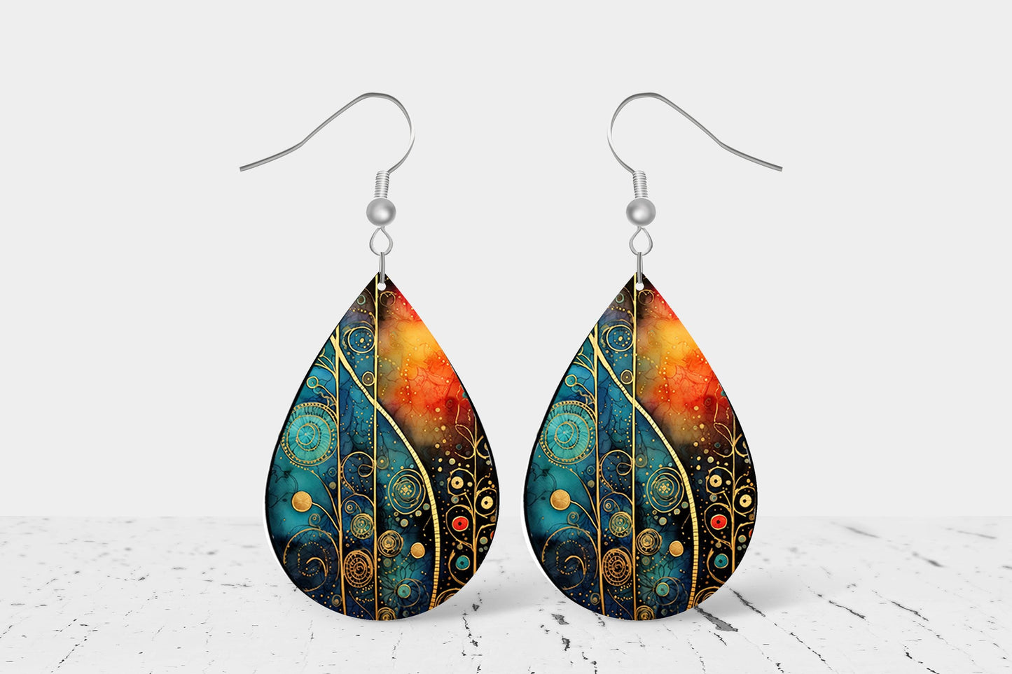 New Release Ethereal Jewel Tone Print Earrings Print Tear Drop Wood Dangle Earrings Hypoallergenic Jewelry