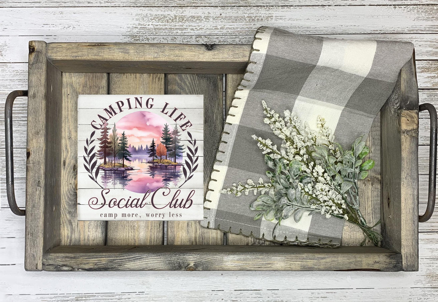 New Release, Camping Life Social Club Hanging Wall Mini Sign Wood Home Decor, Door Hanger, Wreath Sign