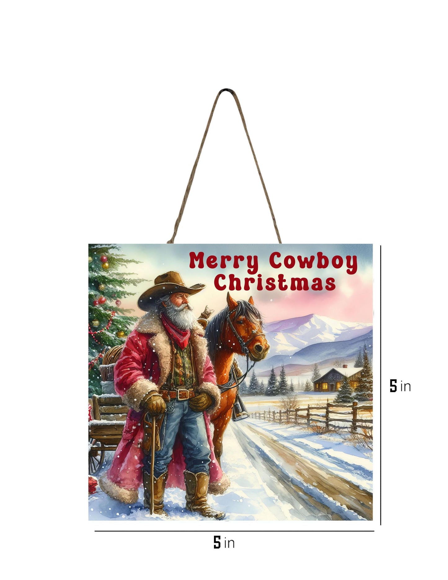 Merry Cowboy Christmas Printed Handmade Wood Christmas Ornament Mini Sign