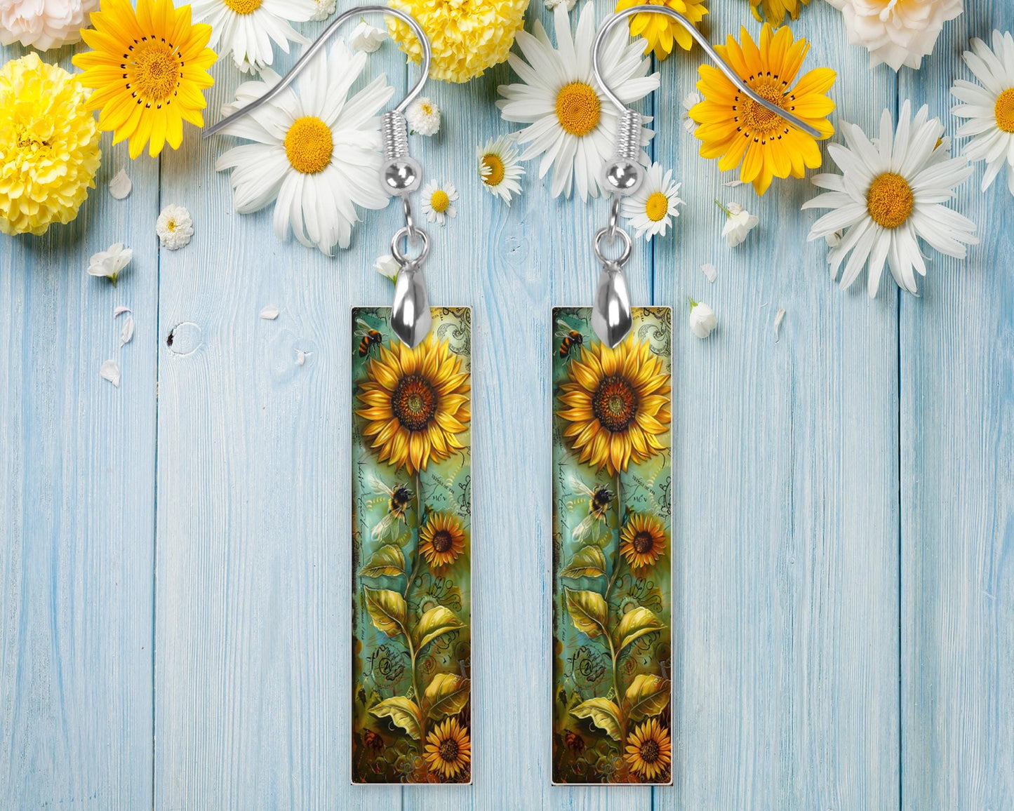 Yellow Sunflower Earrings, Bar Dangle Printed Earrings Jewelry Handmade