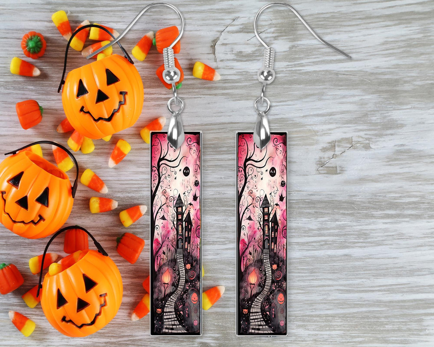 Halloween Pink Haunted House Earrings, Bar Dangle Printed Earrings Jewelry Handmade