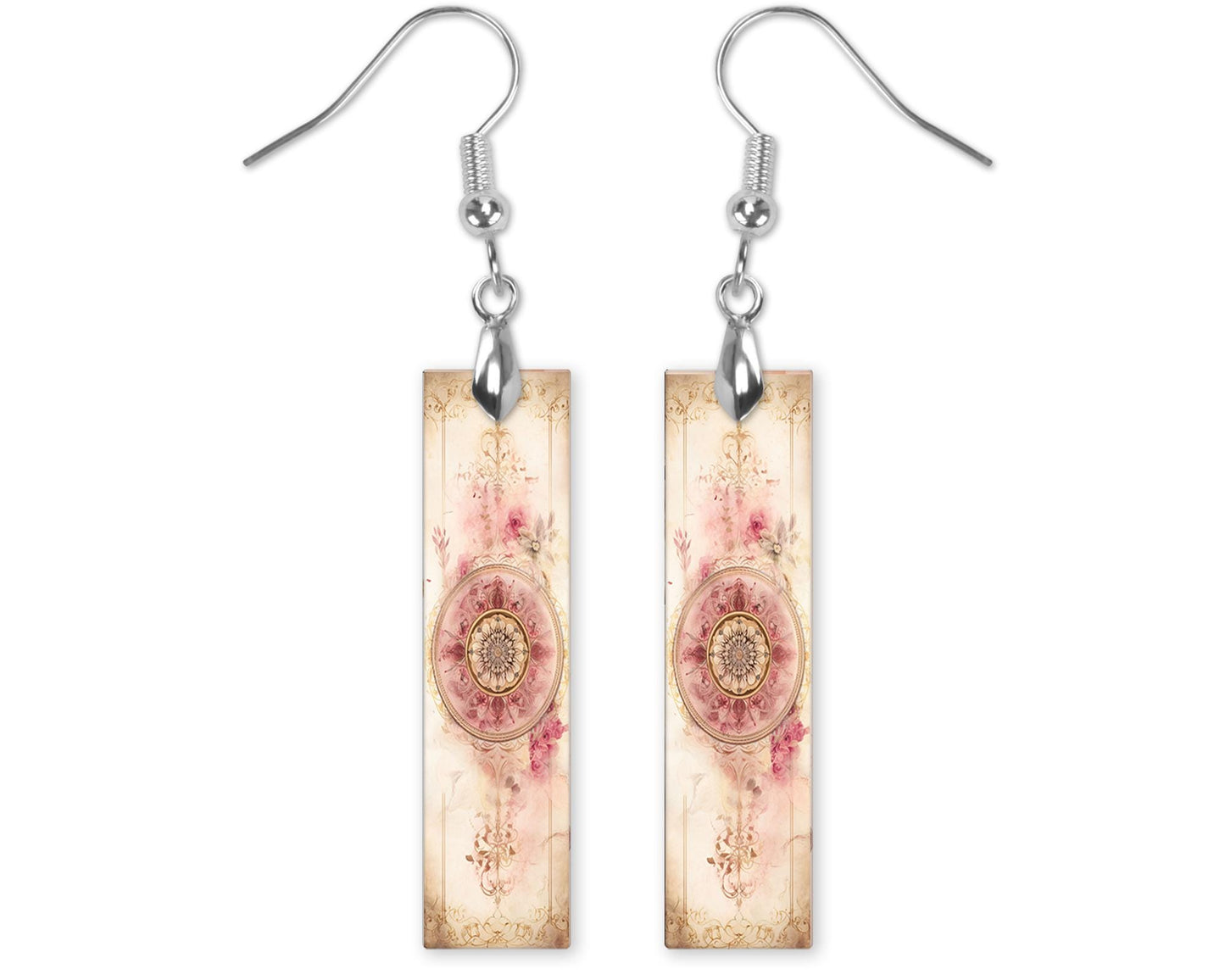 Shabby Pink Mandala Earrings, Bar Dangle Printed Earrings Jewelry Handmade