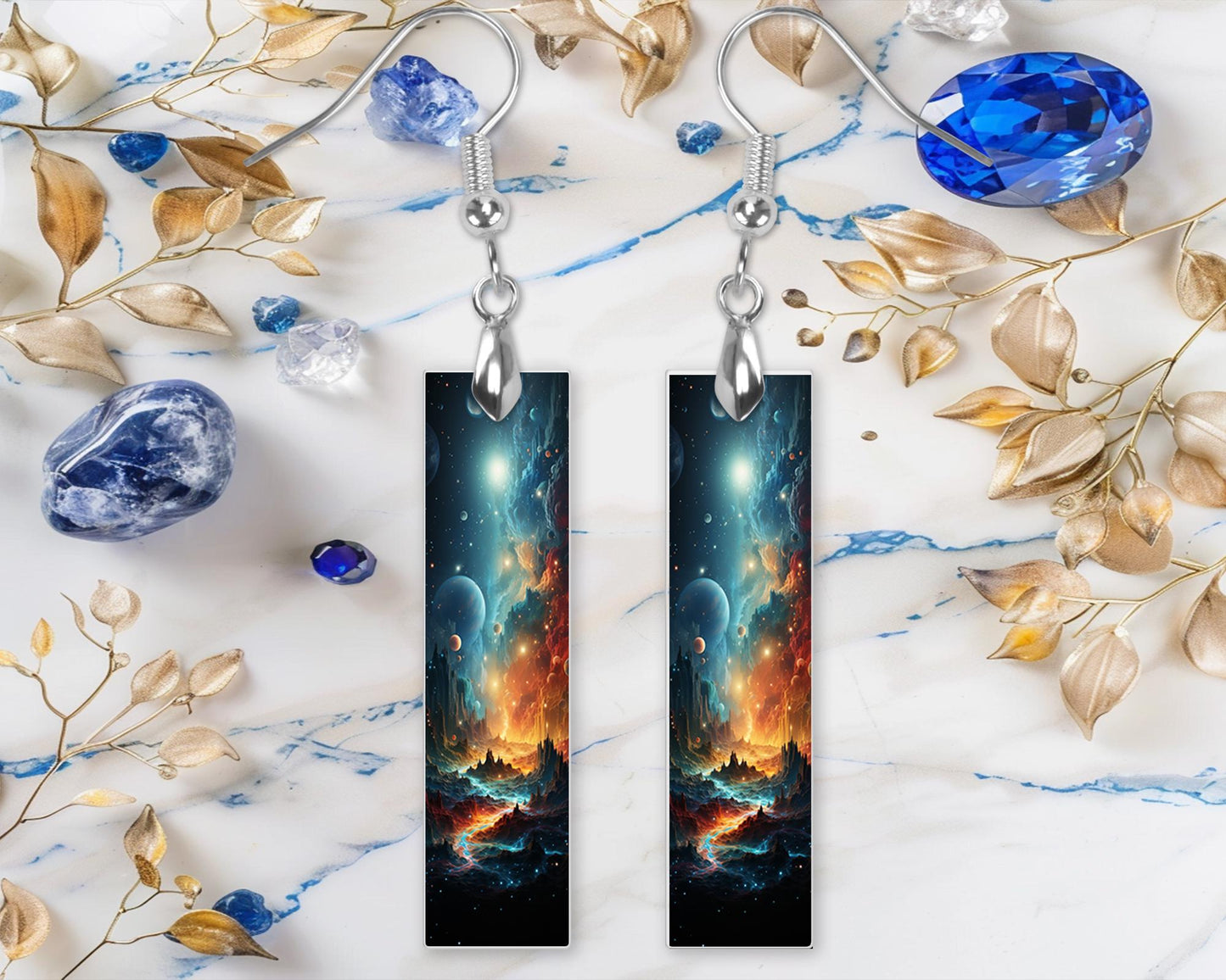 Outer Space World Printed Wood Dangle Earrings Hypoallergenic Jewelry Handmade