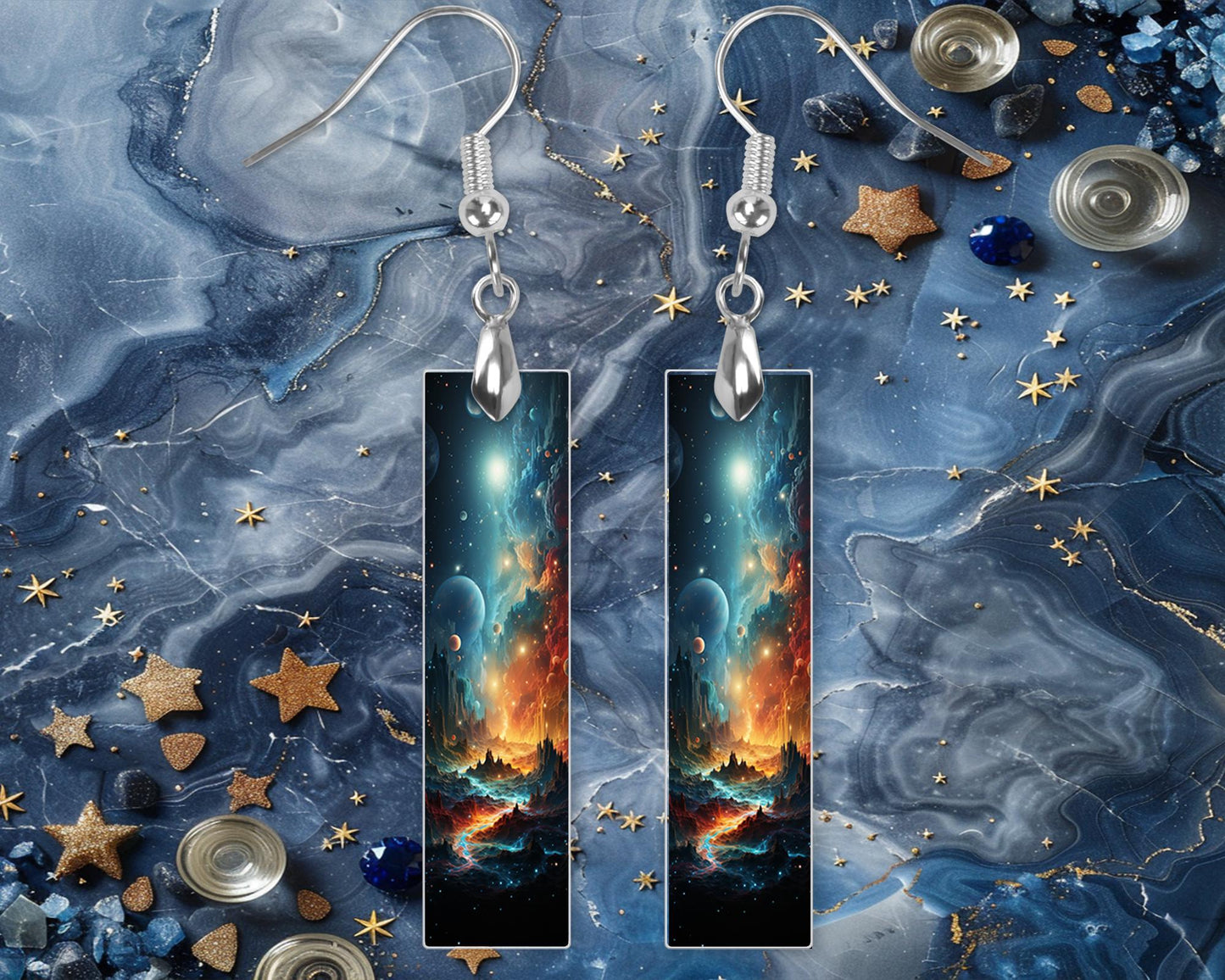 Outer Space World Printed Wood Dangle Earrings Hypoallergenic Jewelry Handmade