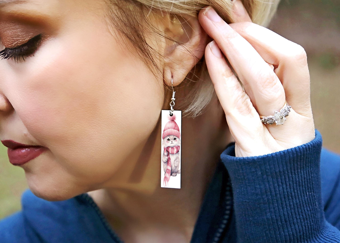 Pink Christmas Cat Bar Printed Wood Dangle Earrings Hypoallergenic Jewelry Handmade