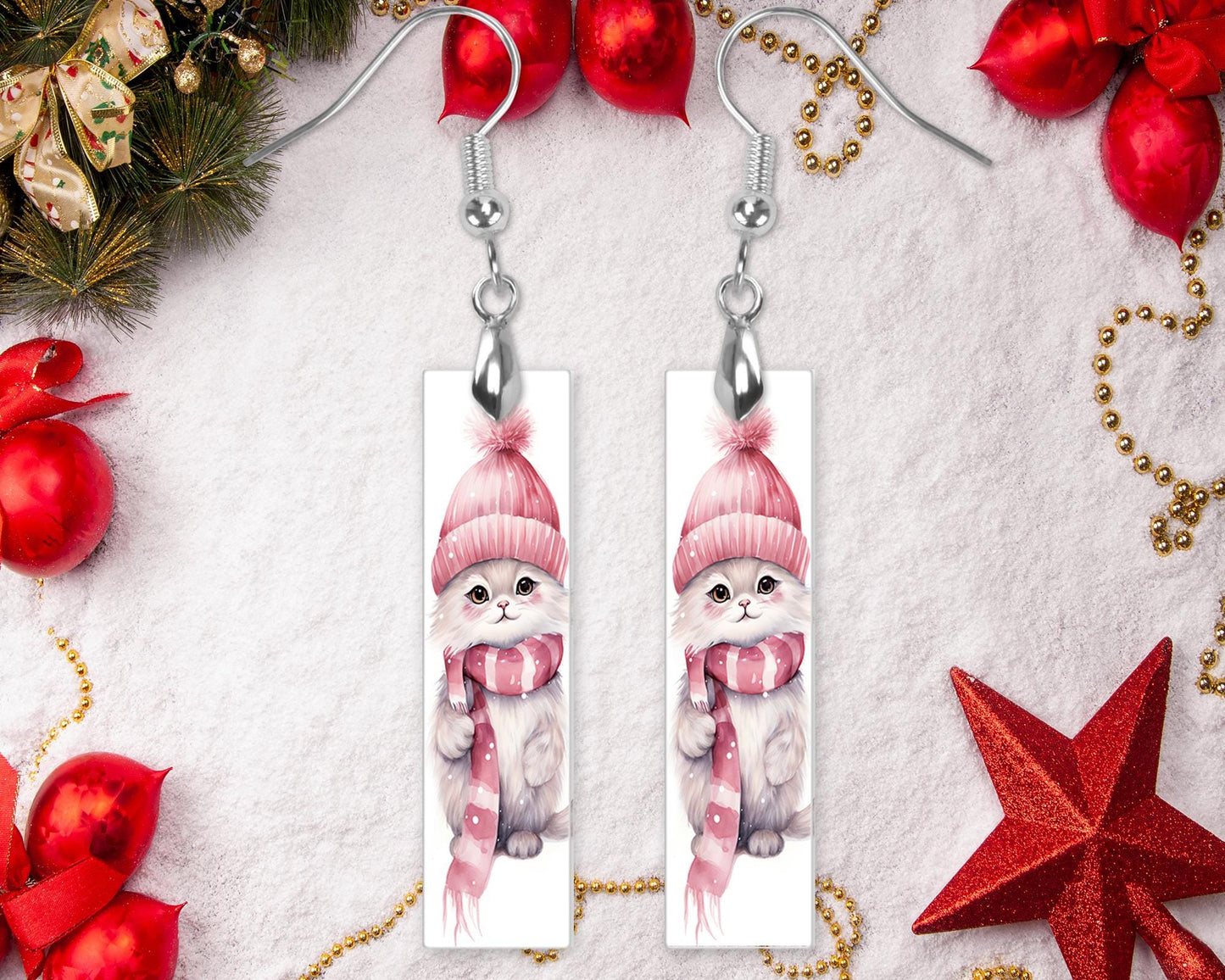 Pink Christmas Cat Bar Printed Wood Dangle Earrings Hypoallergenic Jewelry Handmade